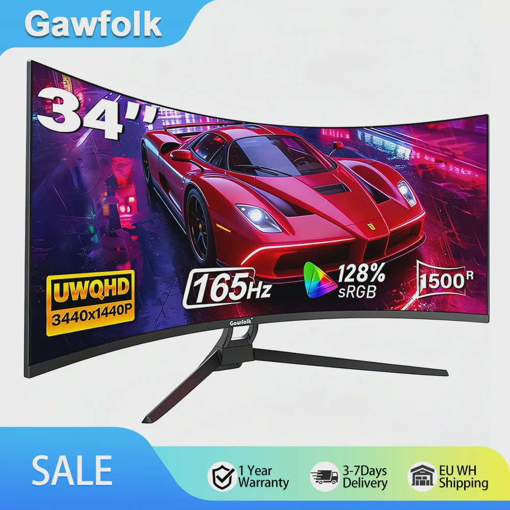 Gawfolk 34" Ultrawide Curved Gaming Monitor 165Hz UWQHD 1500R Curvature met FreeSync