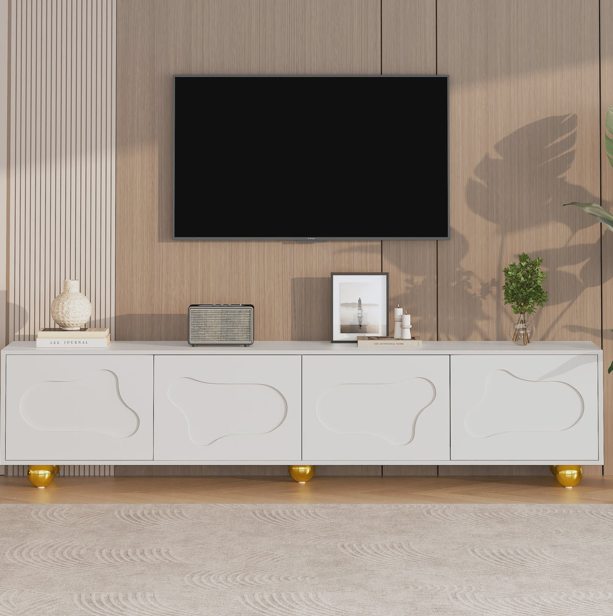 180cm Wit TV-meubel met Cloud Design, 4 Deuren, Geschikt voor 75-inch TV's
