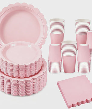 Elegant Roze Scalloped Rand Papieren Borden, Bekers & Servetten Set