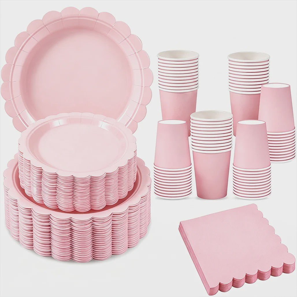 Elegant Roze Scalloped Rand Papieren Borden, Bekers & Servetten Set