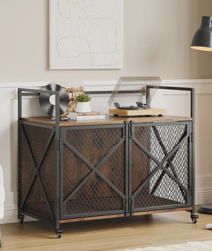 Luxe Houten Hondenkooi Meubel met Dubbele Deuren en Wielen - Afsluitbare Binnen Bench & Tafel voor Kleine/Medium Honden