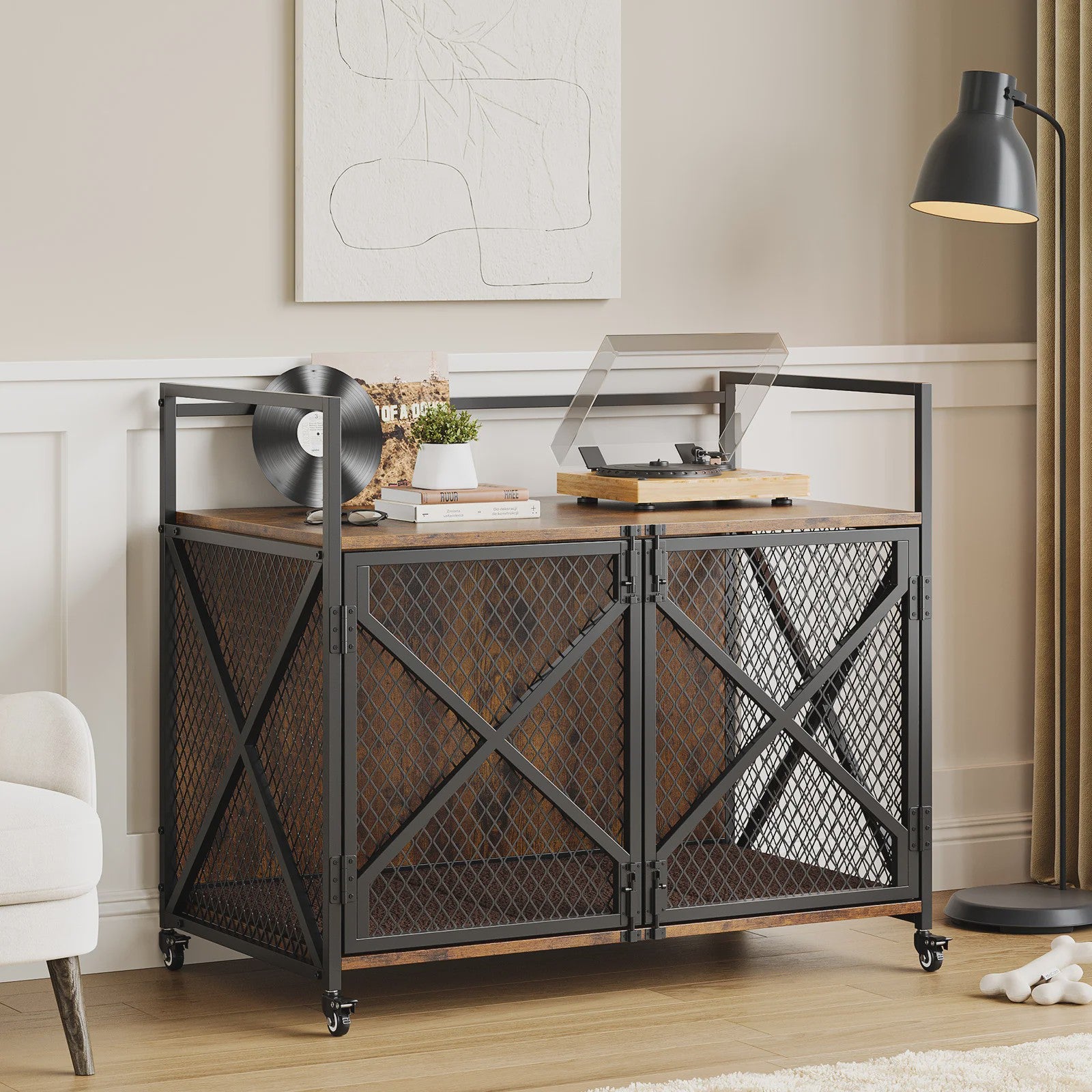 Luxe Houten Hondenkooi Meubel met Dubbele Deuren en Wielen - Afsluitbare Binnen Bench & Tafel voor Kleine/Medium Honden