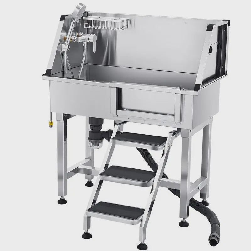 RVS Hondendouche & Wasstation 87cm met Ladder, Kraan en Douchekop - Professionele Dierenverzorging