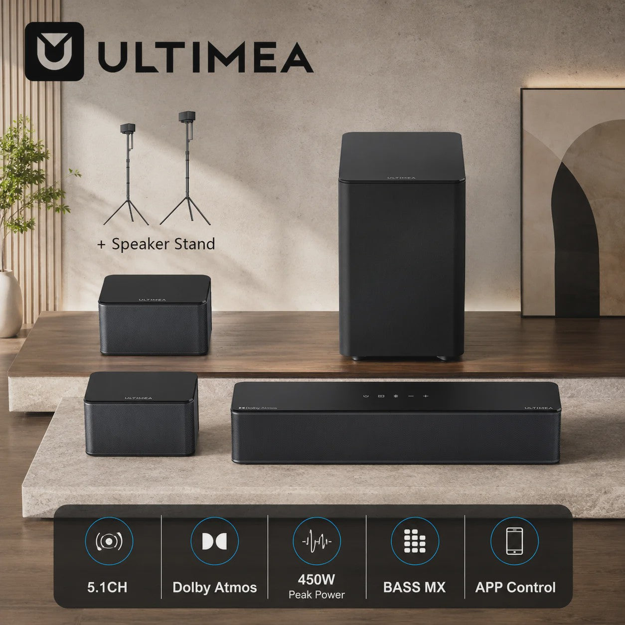 ULTIMEA 5.1 Dolby Atmos Soundbar met Draadloze Subwoofer & Achterluidsprekers - 450W Home Theater Systeem