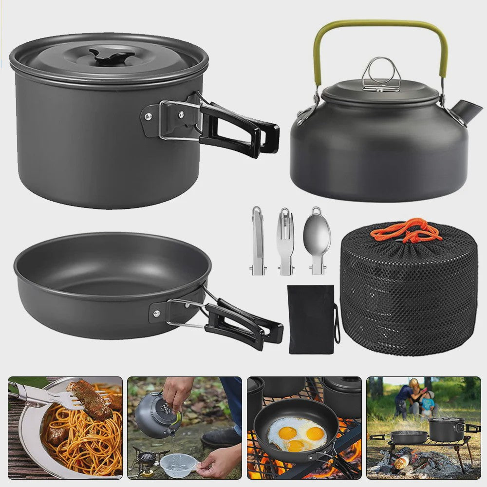 9-delige Camping Kookset: Draagbare Pan, Pot en Ketel voor Outdoor Avonturen