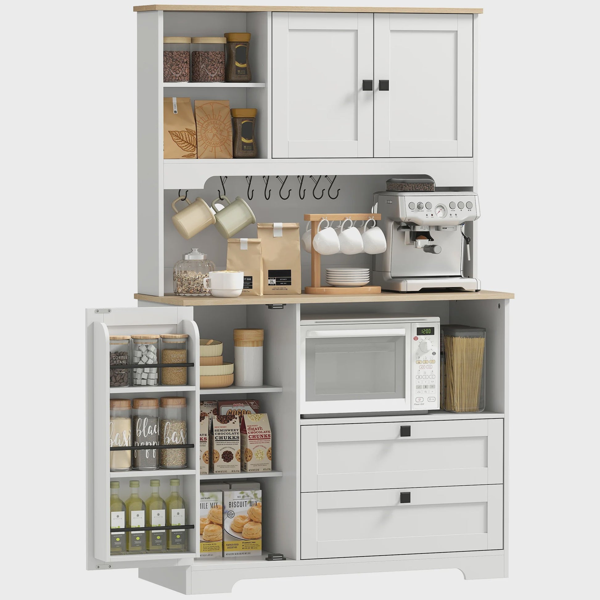 Homcom Keuken Serveertafel met 3 Deuren, 2 Lades en 8 Haken - Wit