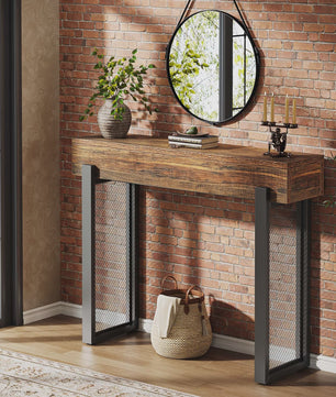 Industriële Houten Console Tafel met Opbergruimte en Metalen Mesh Poten - 104 cm
