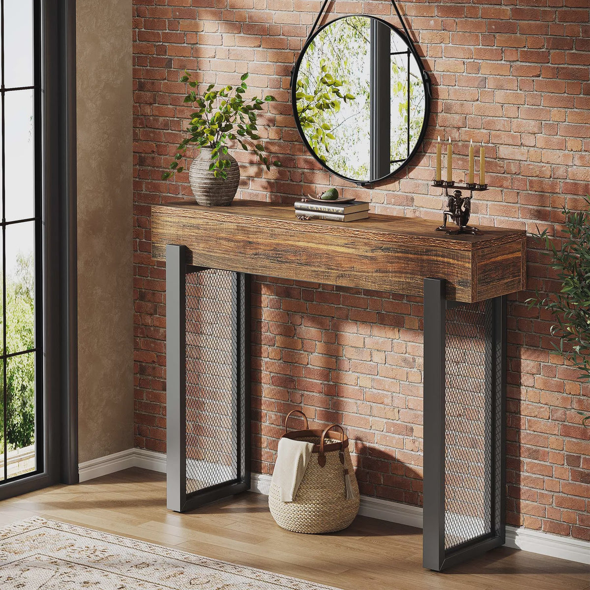 Industriële Houten Console Tafel met Opbergruimte en Metalen Mesh Poten - 104 cm