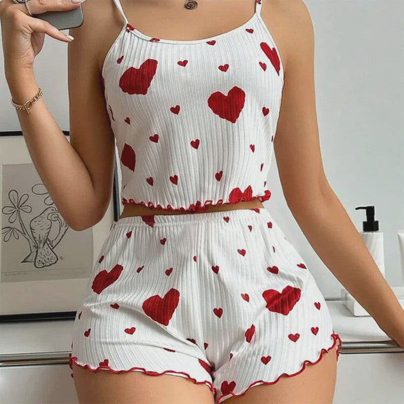 Dames Pyjama Set: 2-delig Tanktop & Shorts met Liefdesprint - Zacht & Ventilerend