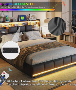 Luxe Gestoffeerd Bed met Hydraulische Opbergruimte, LED Verlichting en Laadstation