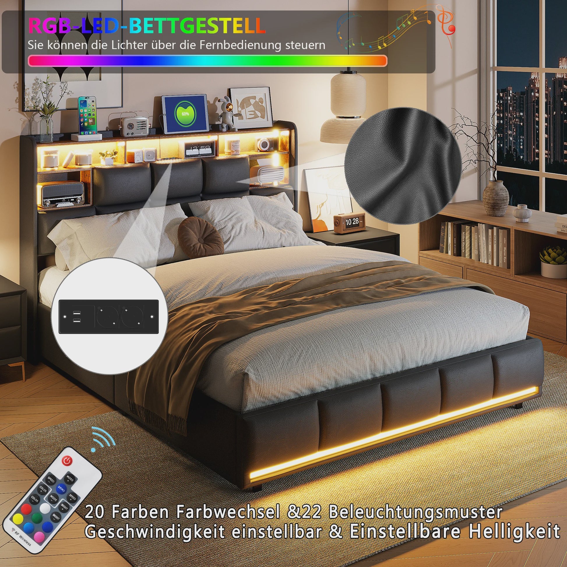 Luxe Gestoffeerd Bed met Hydraulische Opbergruimte, LED Verlichting en Laadstation