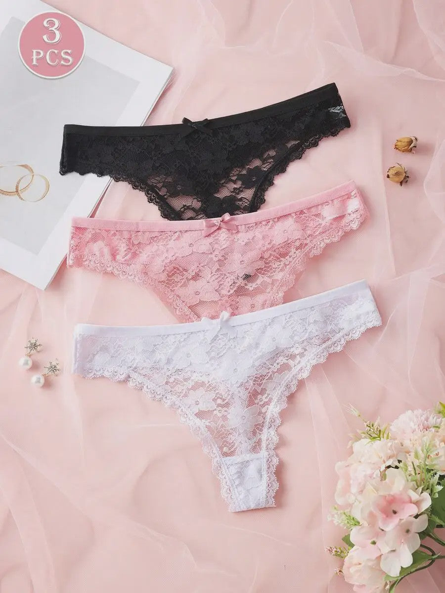 3-Pack Dames Strings van Kant en Mesh - Sexy Transparant Ondergoed