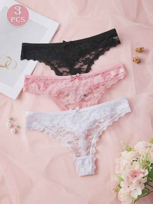 3-Pack Dames Strings van Kant en Mesh - Sexy Transparant Ondergoed