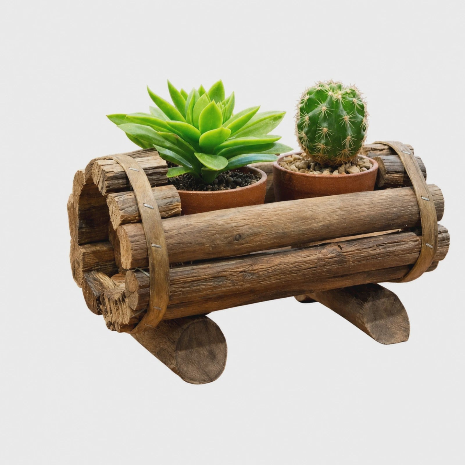 Rustieke Houten Plantenbak voor Succulenten & Cactussen - Handgemaakt Log Decor 20x12cm