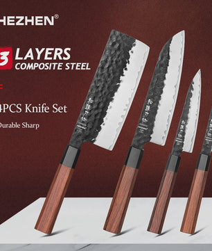 HEZHEN Keukenmes Set 4-delig - 3-laags Composiet Staal, Santoku & Nakiri