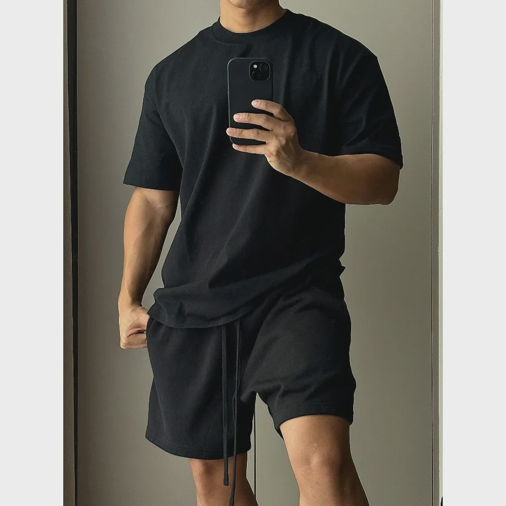 Heren Katoenen Set: Trendy T-shirt met Korte Mouwen en Shorts