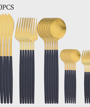 Luxe 30-delige Bestekset RVS: Goud & Zwart Dinerbestek, Fruitvorkjes en Lepels