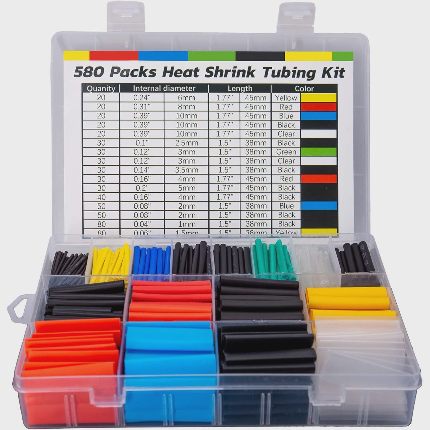 580 Stuks Krimpkous Set - 6 Kleuren, 11 Maten - Hittebestendig en Waterdicht