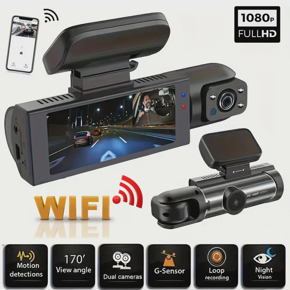 1080P Dual Dashcam: Voor en Binnen, Nachtzicht & WiFi