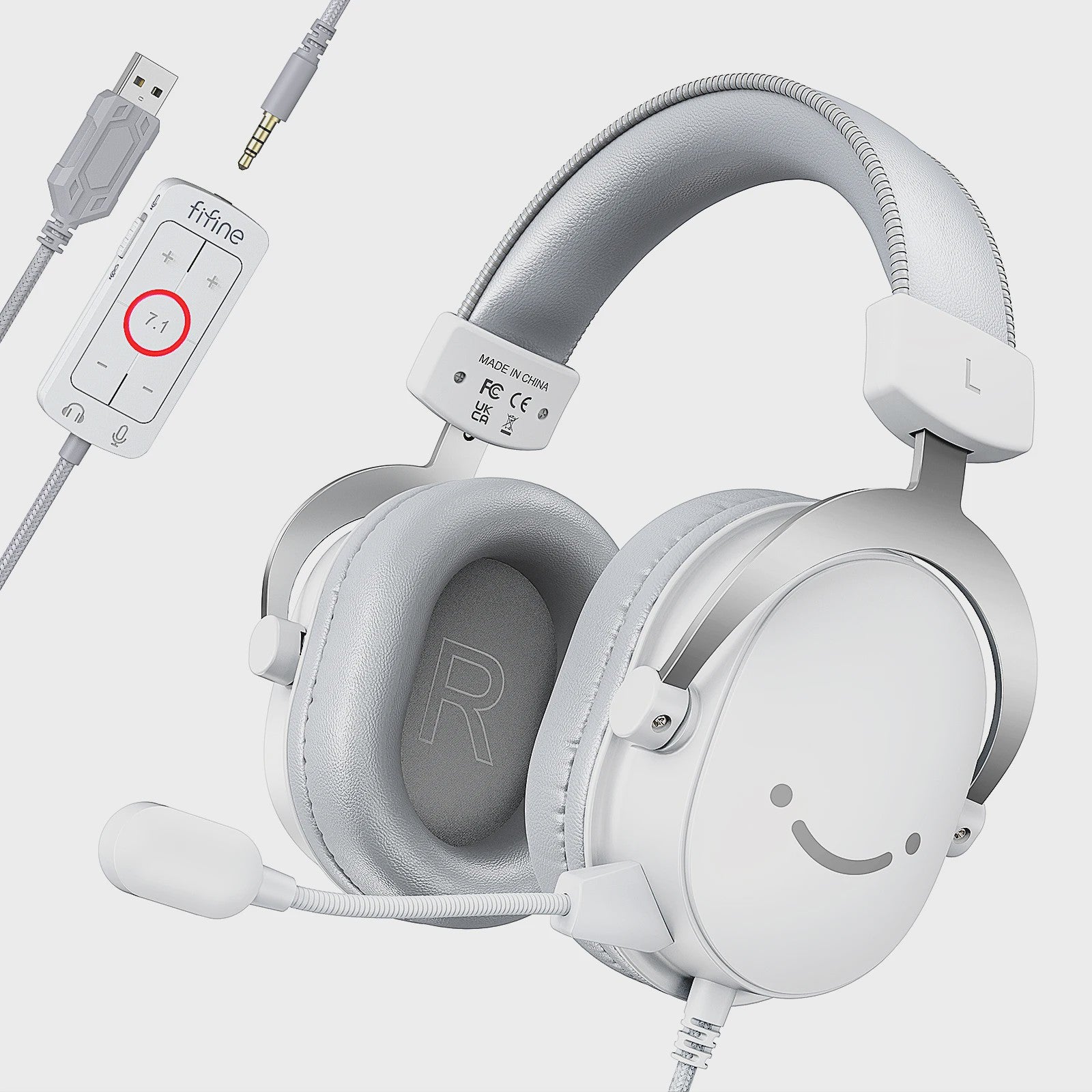 FIFINE H9W Gaming Headset met 7.1 Surround Sound, USB & 3.5mm Jack, Microfoon - Wit