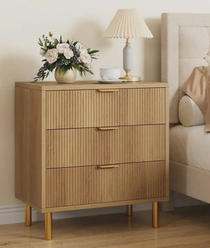 Houten Ladekast met 3 Lades, Modern Dressoir met Gouden Handgrepen en Metalen Poten