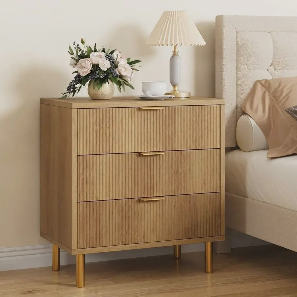 Houten Ladekast met 3 Lades, Modern Dressoir met Gouden Handgrepen en Metalen Poten