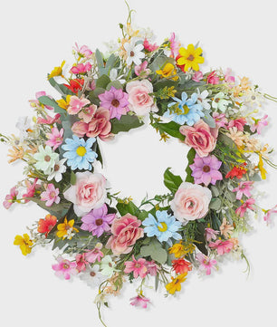 Kleurrijke Kunstbloemen Krans - Lente, Pasen, Valentijn Deurdecoratie & Woonaccessoire