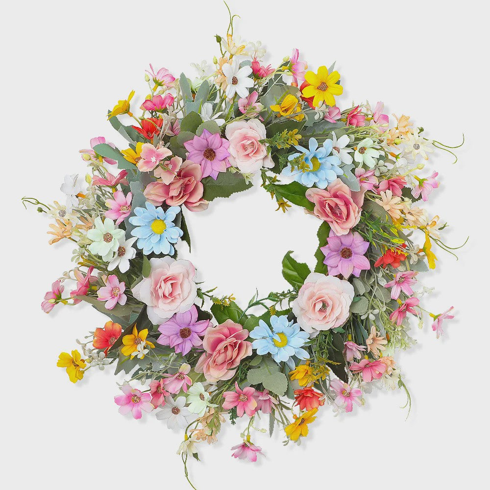 Kleurrijke Kunstbloemen Krans - Lente, Pasen, Valentijn Deurdecoratie & Woonaccessoire
