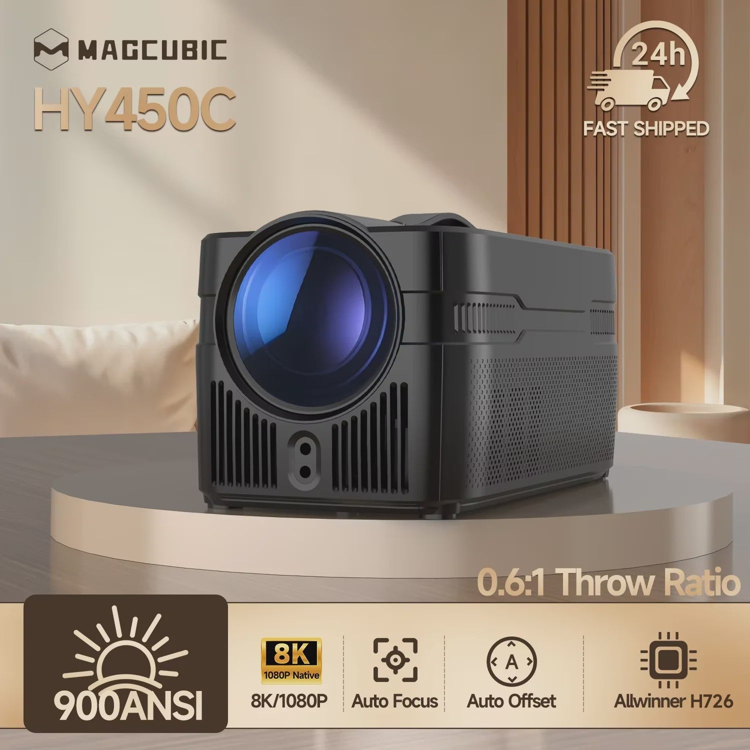 Magcubic HY450 Ultra Short Throw Projector: 900 ANSI Lumen, 1080P Native, 8K Support, Auto Focus & Offset
