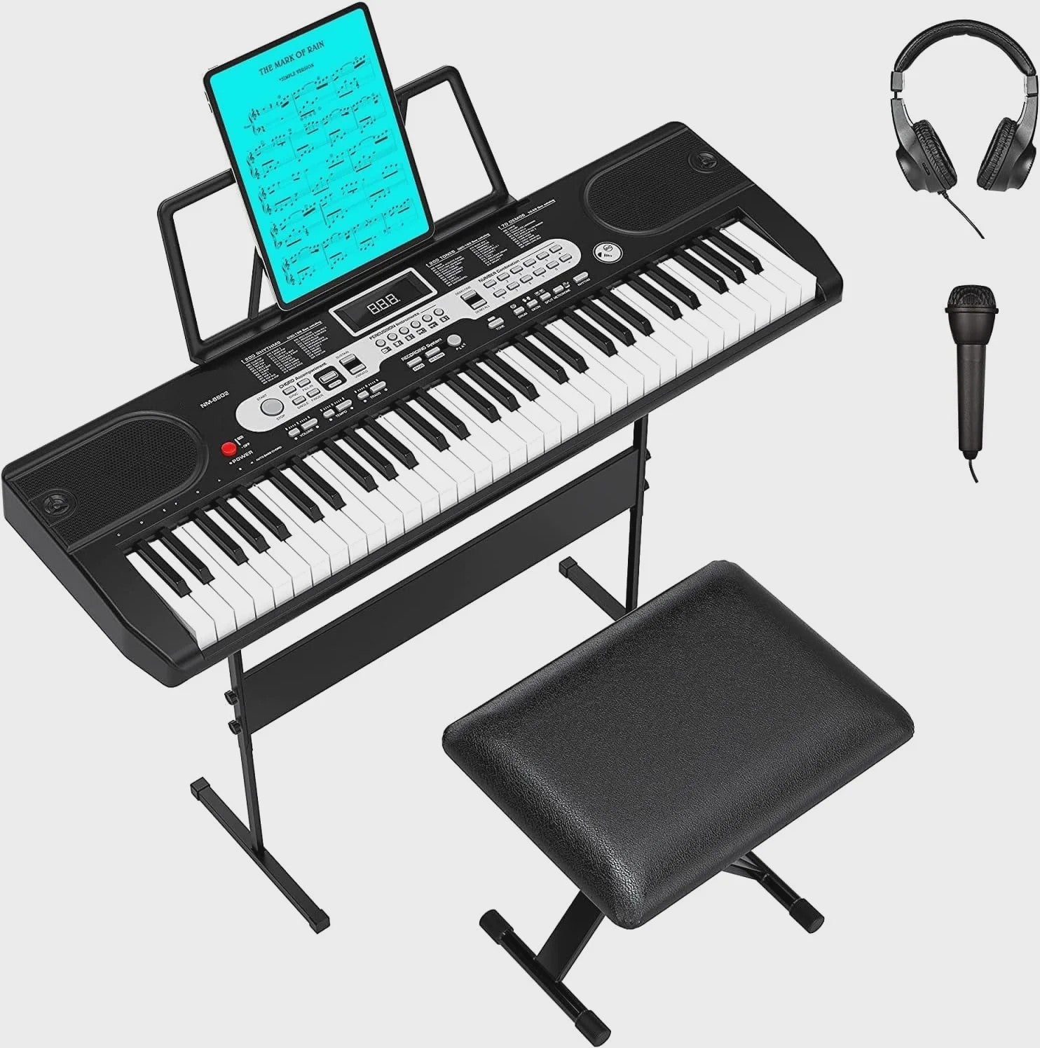 61-Toetsen Beginners Digitale Piano Keyboard Set met Microfoon, Koptelefoon, Standaard en Kruk