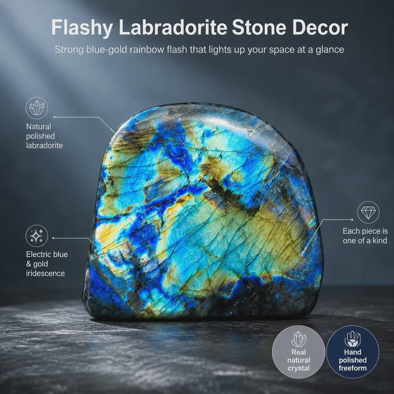 Unieke Labradoriet Kristal Decoratie - Natuurlijke Vorm, Blauw & Goud Sparkle