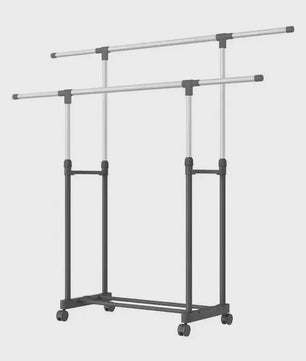 Verstelbare Kledingrek met 2 Hangen Rails en Wielen - 84-150 cm Breed