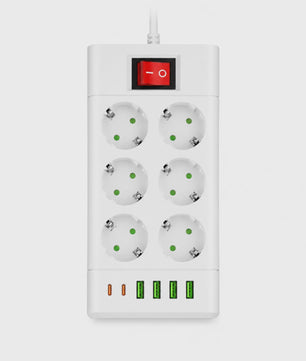 Universele Stekkerdoos met 6 of 8 Schuko Stopcontacten en 6 USB Poorten (2x USB-C, 4x USB-A), 2m Kabel, Wit