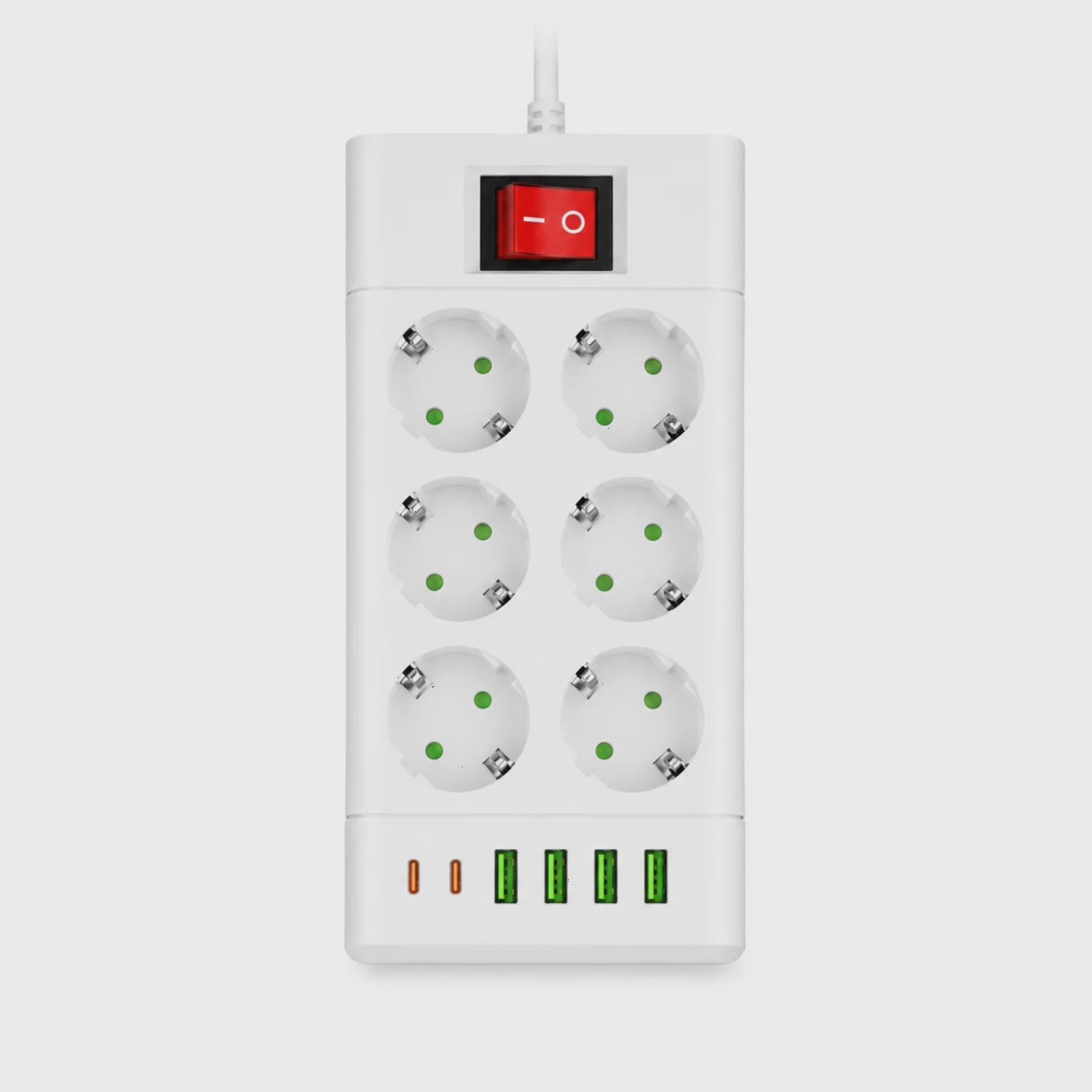 Universele Stekkerdoos met 6 of 8 Schuko Stopcontacten en 6 USB Poorten (2x USB-C, 4x USB-A), 2m Kabel, Wit
