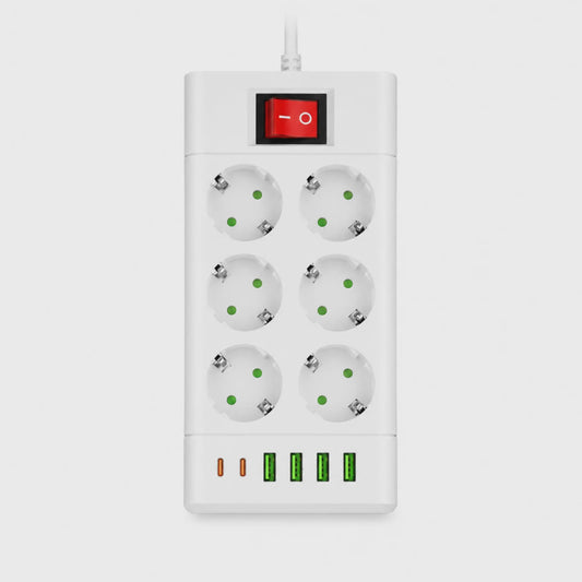 Universele Stekkerdoos met 6 of 8 Schuko Stopcontacten en 6 USB Poorten (2x USB-C, 4x USB-A), 2m Kabel, Wit