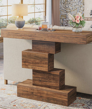 Rustieke Houten Console Tafel 108cm - Slimme Banktafel voor Hal of Entree met Geometrische Basis