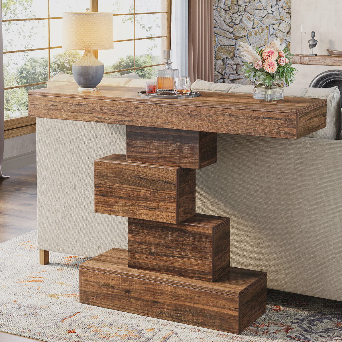 Rustieke Houten Console Tafel 108cm - Slimme Banktafel voor Hal of Entree met Geometrische Basis