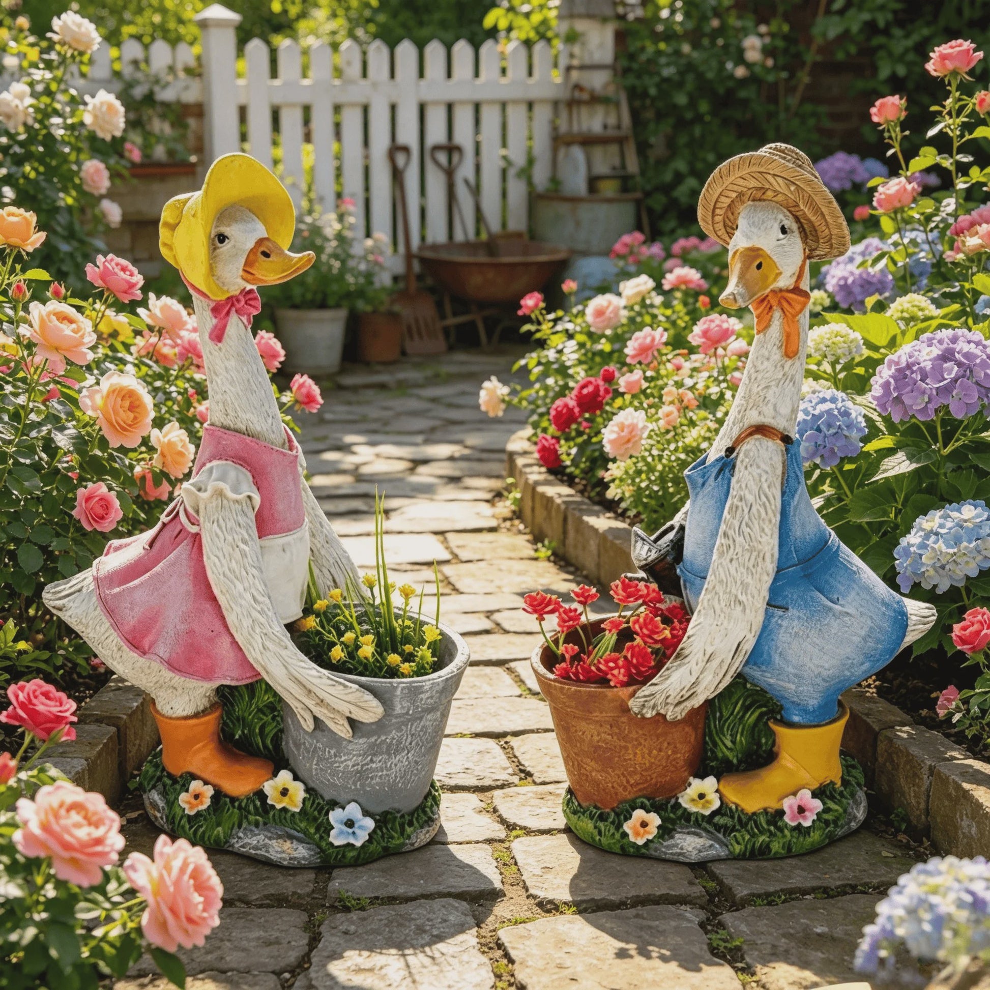Vrolijke Cartoon Eend Tuinbeeld met Planter - 36.5 cm Hars Ornament