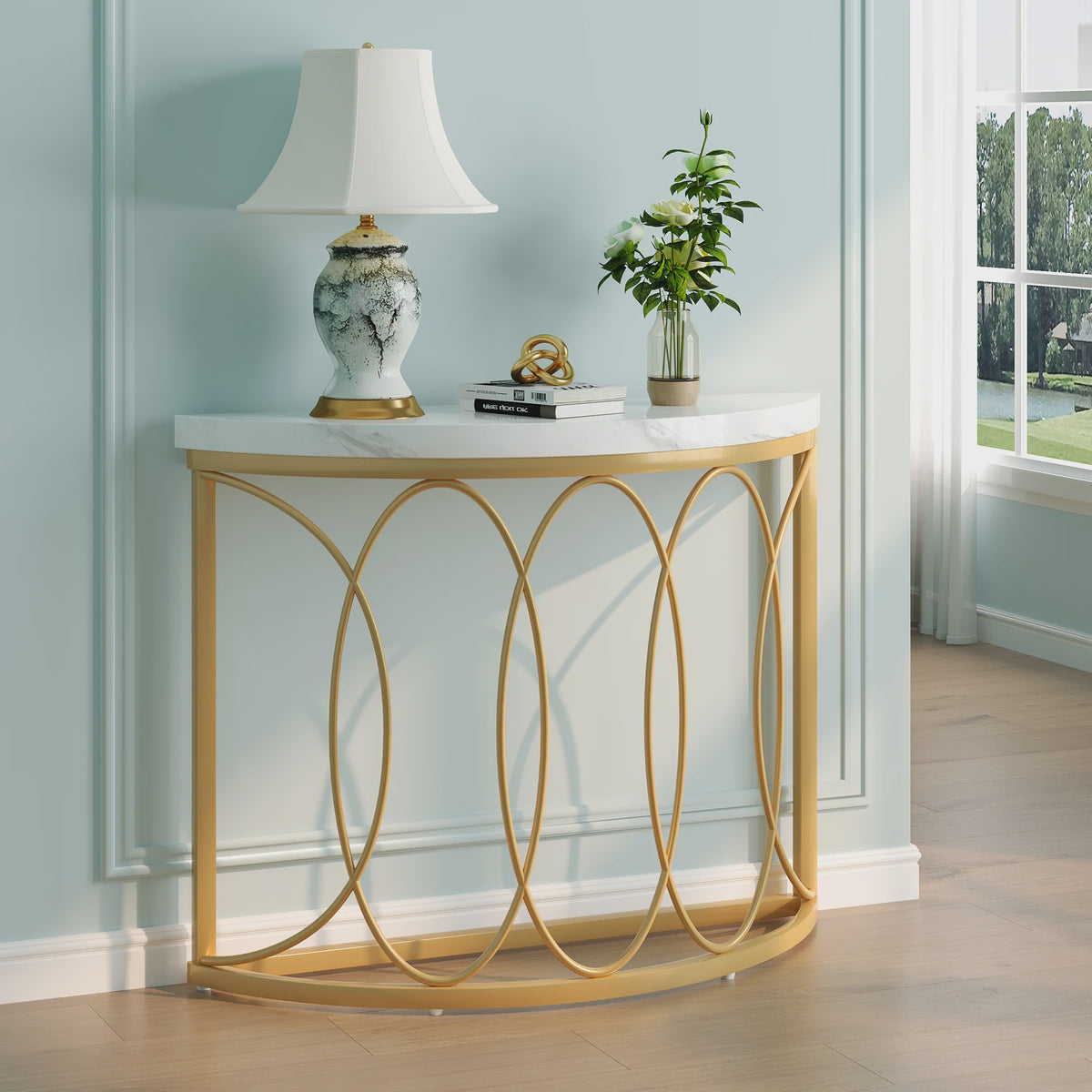 Gouden Halve Maan Console Tafel - 43 Inch Moderne Entree Tafel met Geometrisch Metaal Frame