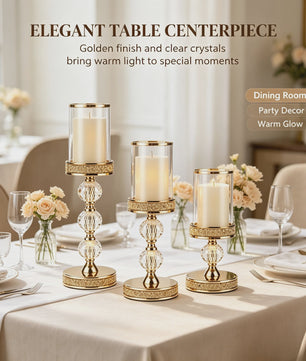 Luxe Gouden Kandelaars Set (3 stuks) met Kristal en Glas - Sfeervolle Decoratie