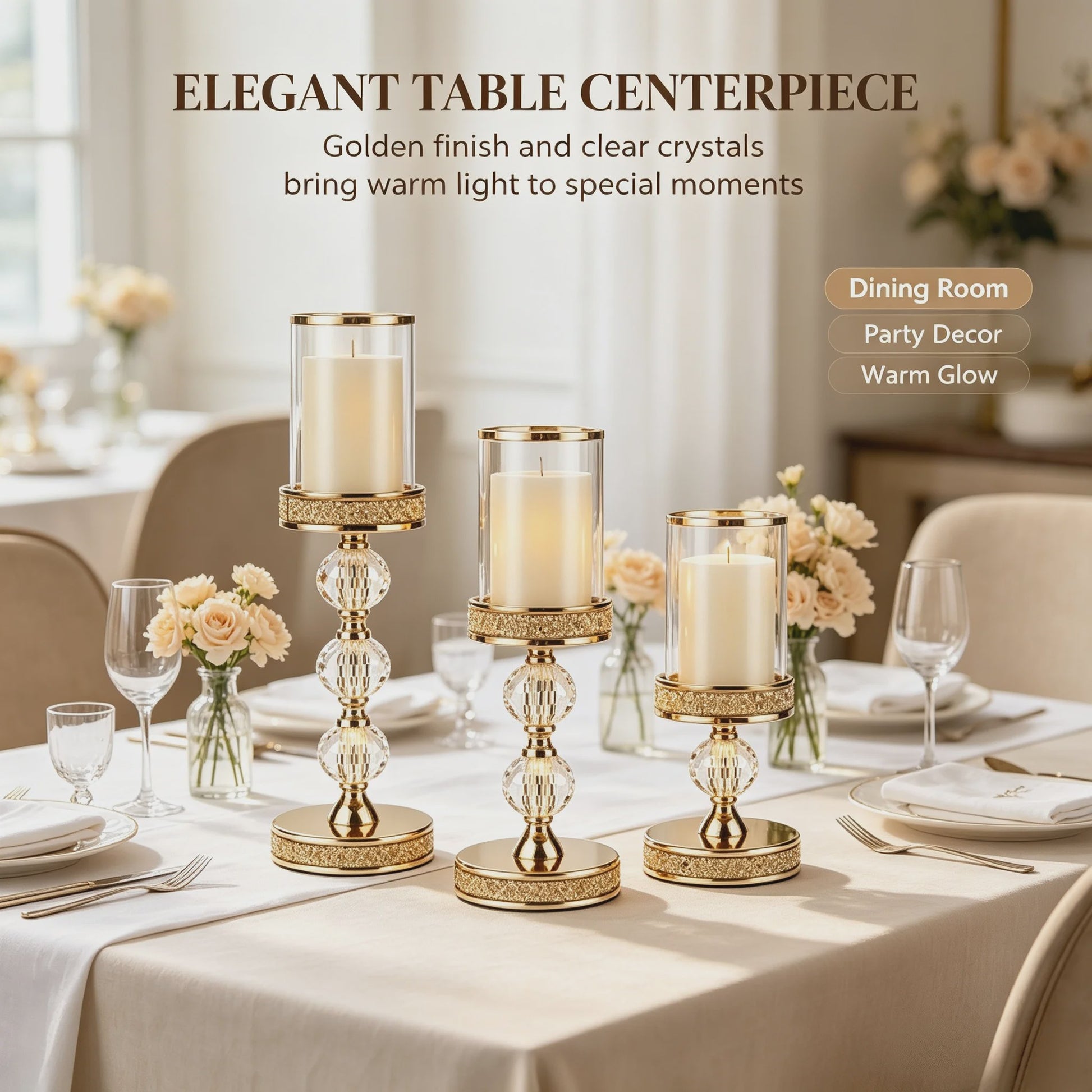 Luxe Gouden Kandelaars Set (3 stuks) met Kristal en Glas - Sfeervolle Decoratie