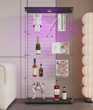 Glazen Vitrinekast met LED Verlichting, 4 Planken, 2 Deuren - Zwart/Wit