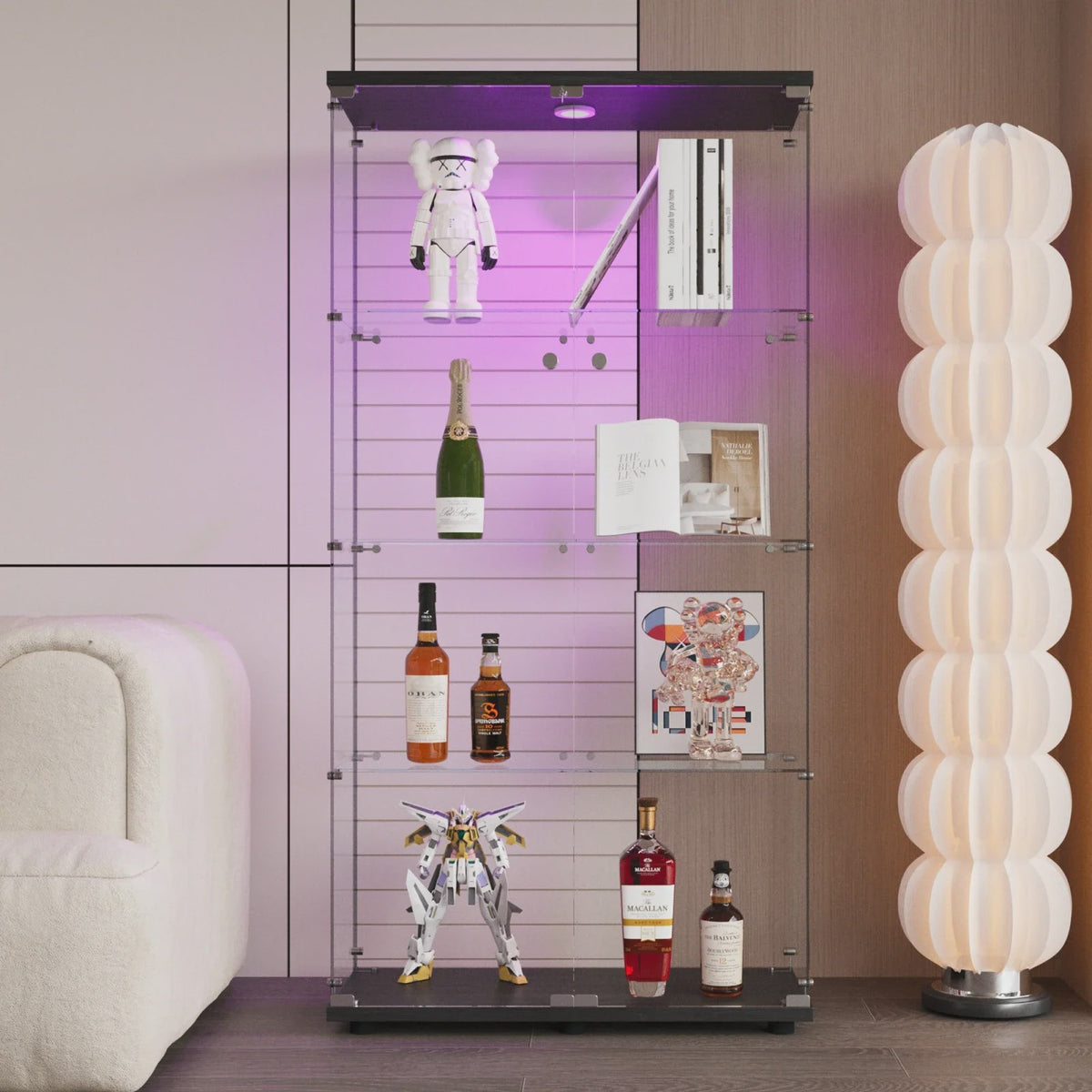 Glazen Vitrinekast met LED Verlichting, 4 Planken, 2 Deuren - Zwart/Wit
