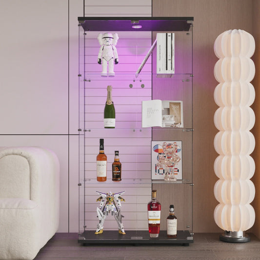 Glazen Vitrinekast met LED Verlichting, 4 Planken, 2 Deuren - Zwart/Wit