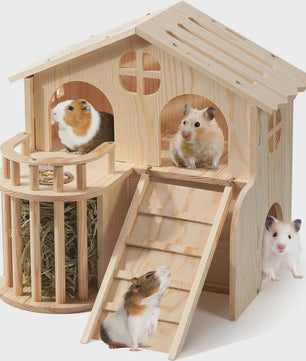 Dubbel Laags Houten Hamsterhuis met Hooirack en Antislip Trappetje