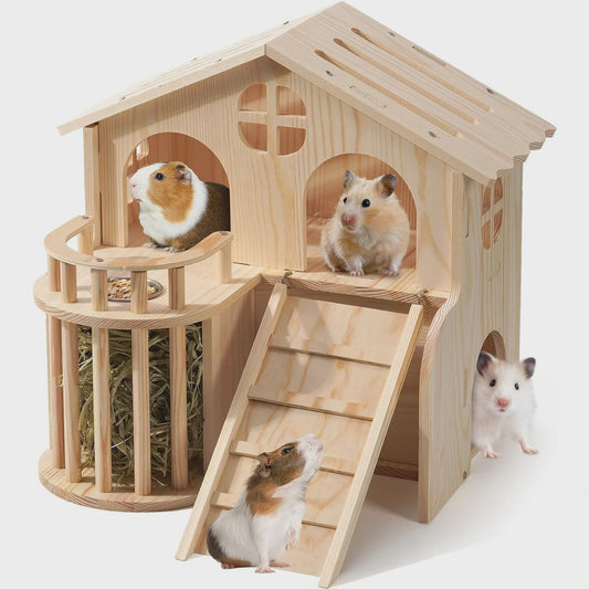 Dubbel Laags Houten Hamsterhuis met Hooirack en Antislip Trappetje