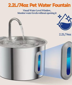 Automatische Drinkfontein RVS 2.2L voor Katten & Honden met Waterniveauvenster