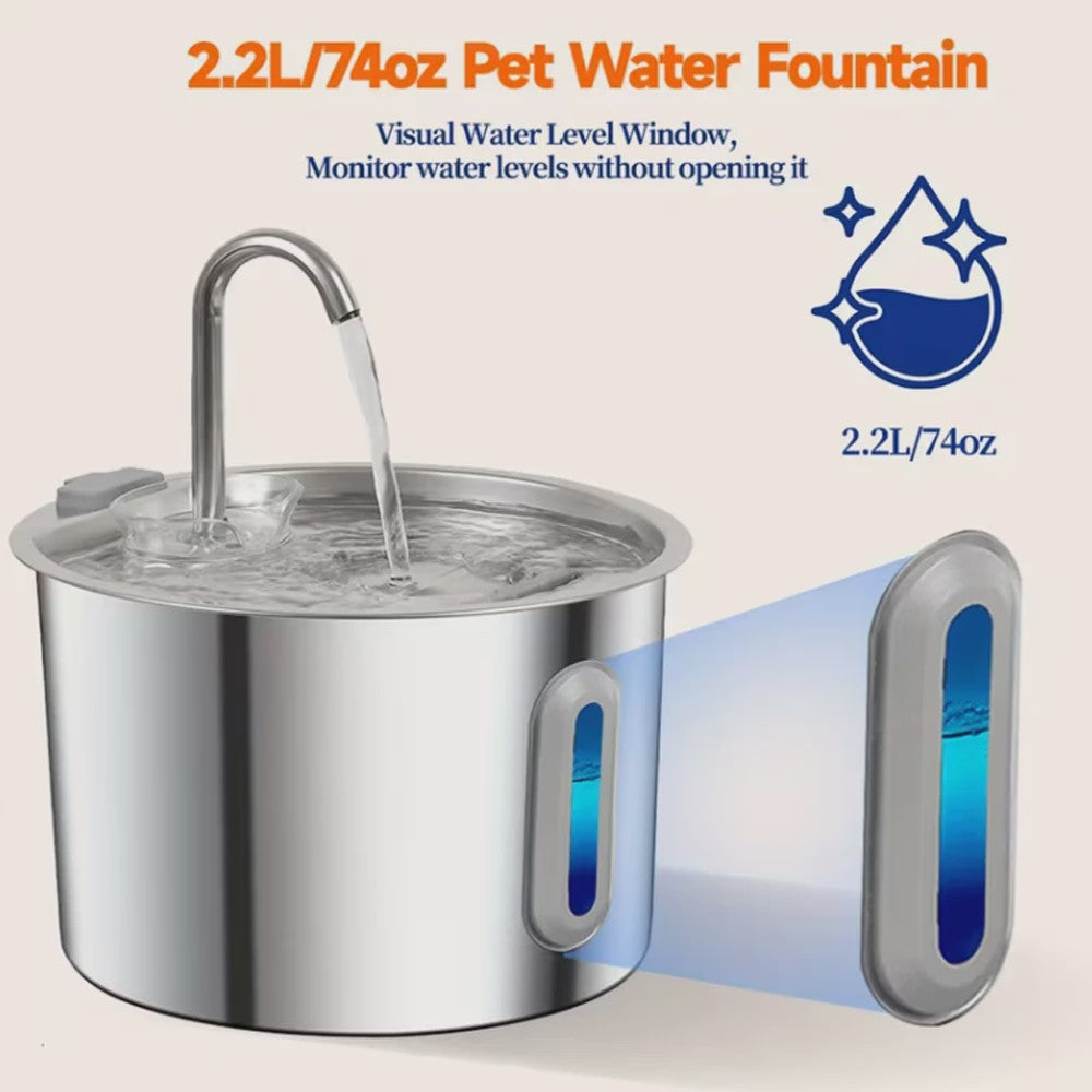 Automatische Drinkfontein RVS 2.2L voor Katten & Honden met Waterniveauvenster
