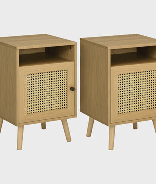 Set van 2 Nachtkastjes met Rotan Deur en Open Nis - Vintage Design - 39x35x60 cm