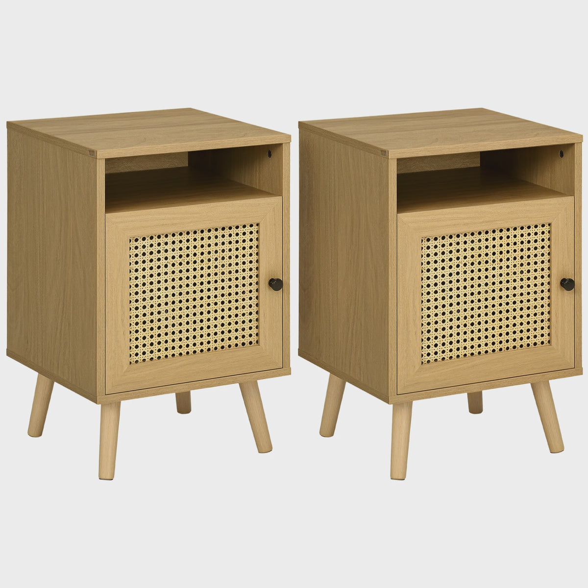 Set van 2 Nachtkastjes met Rotan Deur en Open Nis - Vintage Design - 39x35x60 cm